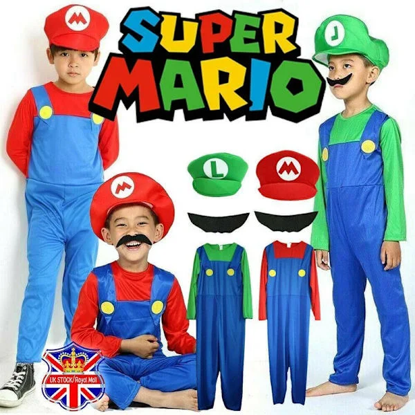 Barn Super Mario kostyme utkledningsfest kostyme hatt sett .q Rød-Gutter 9-10 år_yux