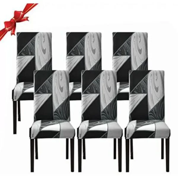 Set of 6 Washable Spandex Stretch Chair Covers - Removable High Back Chair Protectors - Black Geometric Pattern