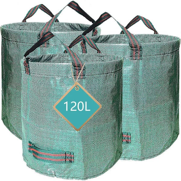 3 x Trädgårdsavfallspåsar Kraftiga 120 Liter Återanvändbara Utomhusavfall Trädgård Gård Avfallspåsar Hopfällbara Camping Återvinningspåsar