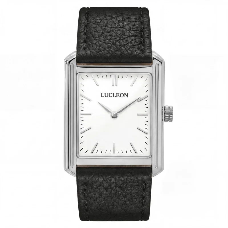 Legacy | Retro Squared Silver-tone Watch with White Dial and Black Leather Strap for Men - Wrist watches