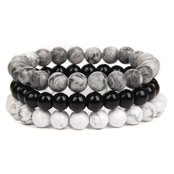 8 mm Naturlig Sten Armbånd Sæt Herre Dame Rosa Rhodonit Kvarts Sort Onyx Stabelbare Håndleds Perler Mala Charm Armbånd 3 stk. (Hvid)[ch]