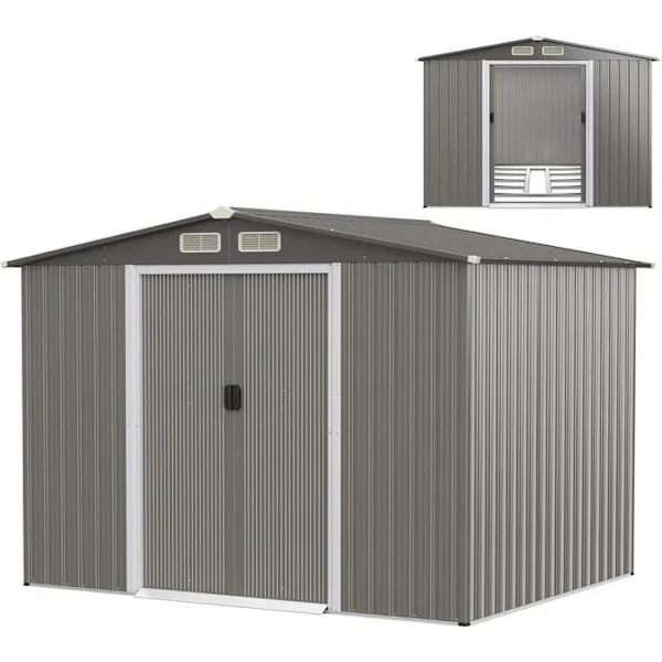 Utomhus Trädgårdsförråd i Galvaniserat Stål 4,74m² 246 x 193 cm COSTWAY - Grund, 4 Persienner, Dubbel Dörr och Ramp - Mörkgrå