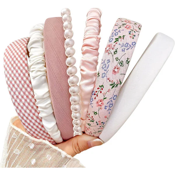 Mode Pandebånd til Kvinder Piger Pandebånd Sæt, 7 stk. Perlepandebånd Blomstrede Pandebånd Polstrede Pandebånd til Kvinder (Pink)
