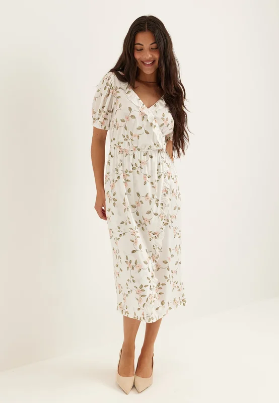 BUBBLEROOM-Wrap Frill Dress-White/Patterned - Kietaisumekko
