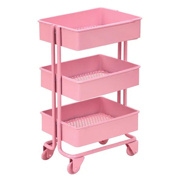 Rolling Storage Cart with Metal Trolley, Multifunctional Three-Tier Storage Organizer with Perforated Basket Bottom Design, Sturdy and Pink