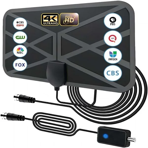 TV-antenne innendørs, TV-antenne for Smart TV støtter 4K 1080p, HD-antenne med lang rekkevidde for enkel installasjon - 5 meter lange kabler