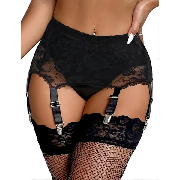 Damestrømpe med bånd Plus Size blondestrømpe og 6 metallklemmer justerbare strømpebåndholdere undertøy midje rumpe sett svart a {ee} svart a Black A