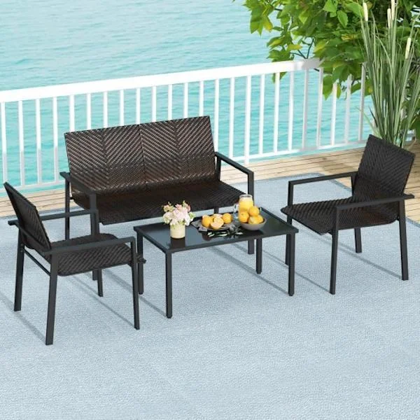 COSTWAY 4-delad flätad trädgård soffbord och stolar set, utemöbler set för balkong terrass innergård, brun