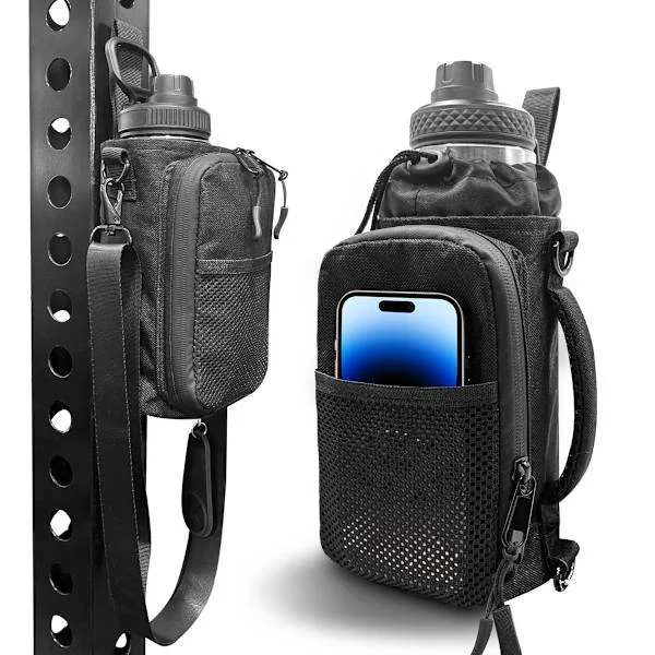 Magnetic Gym Bag for Water Bottle with Phone Pocket - Black Polyester Single Shoulder Workout Sling with Magnetic Closure for Running and Gym