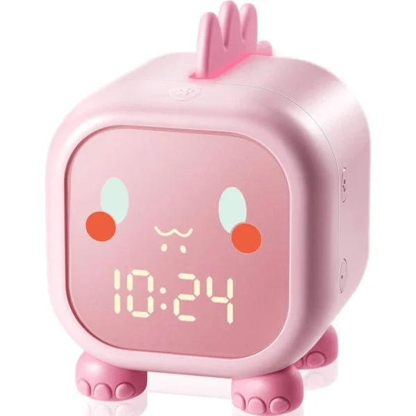 Kids' Clock, Day/Night Light Colors Table Lamp, Night Light and Music Reminder, Time and Indoor Temperature Display - Pink