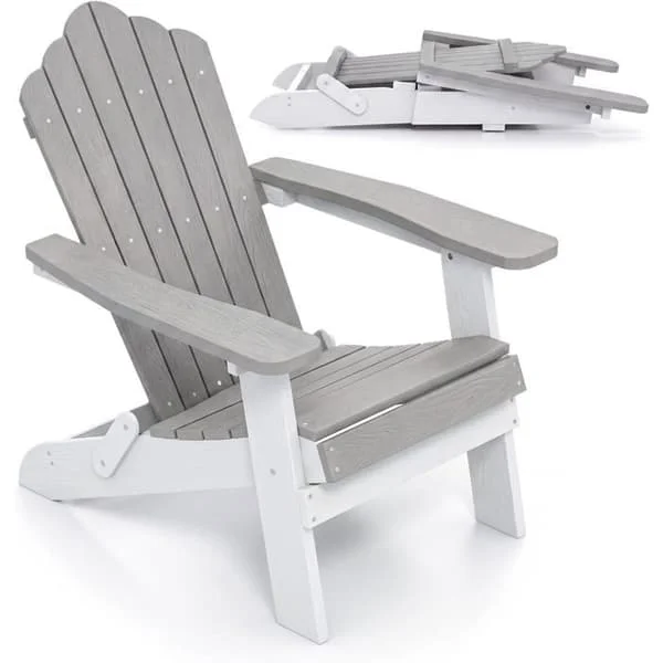 COSTWAY Fällbar Adirondack Stol för Trädgård, Breda Armstöd, Lutande Ryggstöd, Oversize Säte i HIPS för Patio Gård, Grå Vit