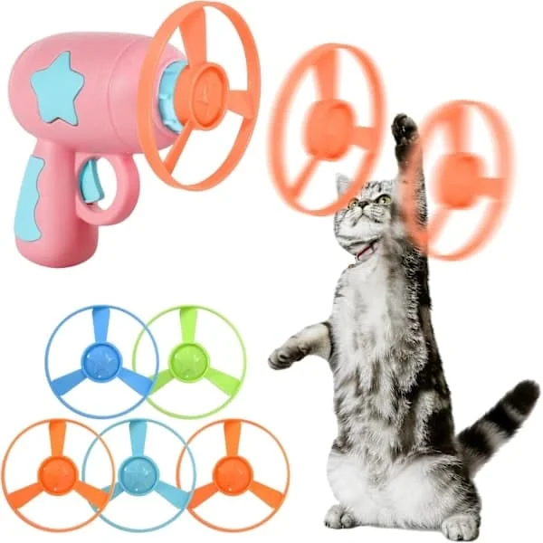 Interaktiv flygende frisbyleke med sprettert og 5 tilfeldig fargede frisbeer for katter og hunder (rosa)