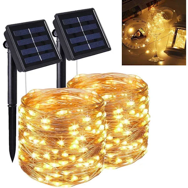 Solcelle Lyslenke Utendørs, [2 Pakning] 12m 100 LED Solcelle Lyslenke, 8 Moduser Vanntett Kobbertråd Dekorativ Belysning for Hage, Balkong, Terrasse