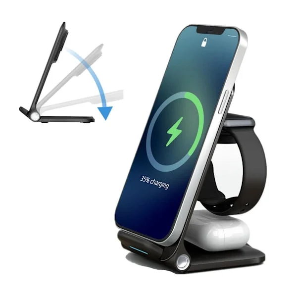 Wireless Charger, 15W Foldable 3-in-1 Wireless Charging Station