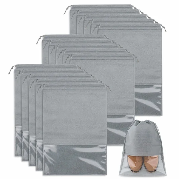 15 Pcs Travel Shoe Bags, Large Non-Woven Fabric Drawstring Bags (Light Grey)