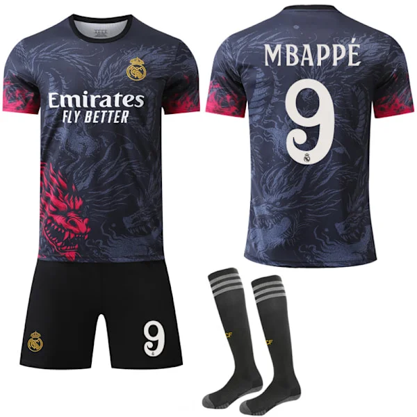 24-25 Real Madrid Dragemønster Special Edition Sort Rød Trøje NO.9 MBAPPE Trøjer Børn Voksen Fodboldudstyr med Sokker