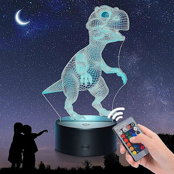 3D Dinosaur Nattlys - 16 Farger/Fjernkontroll - Triceratops/Spinosaurus/Tyrannosaurus - Leker og Gaver til Barn