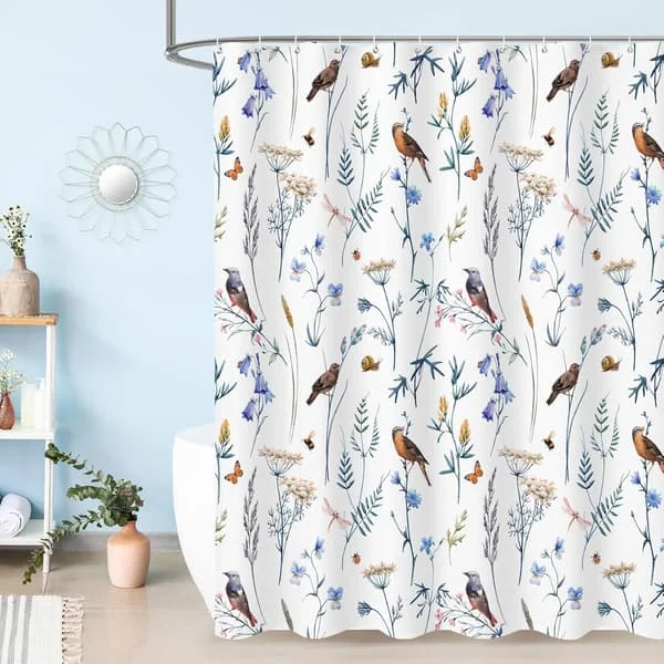 Sødt blomstret badeforhæng, akvarelfugle, sommerfugle, snegle og blomsterdesign badeforhæng, 72 x 72
