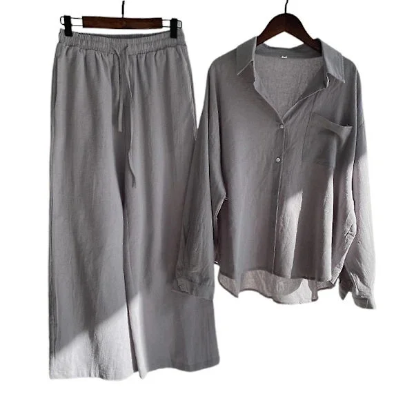 Women's Long Sleeve Shirt Suit Casual Blouse + Elastic Waist Wide Leg Pants Set Grey Grey M