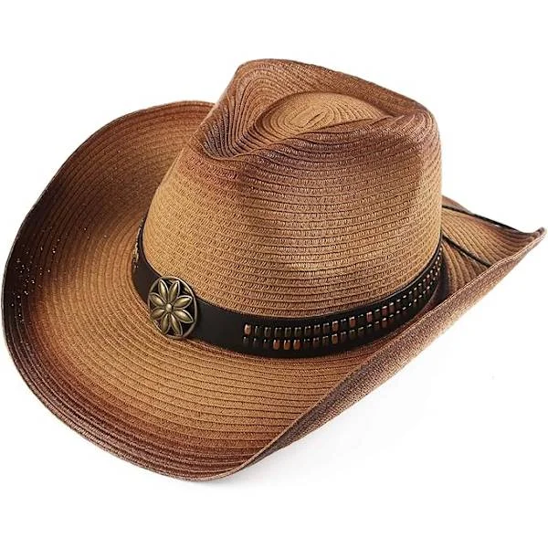 Adult Straw Sun Hat for Women and Men, Western Style Cowboy Hat, Colored, Light
