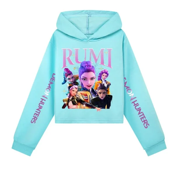 KPOP Demon Hunter Girls Cropped Hoodie with Printed Sleeves Sky Blue Sky blue XX-FF- Sky blue XX[TT]