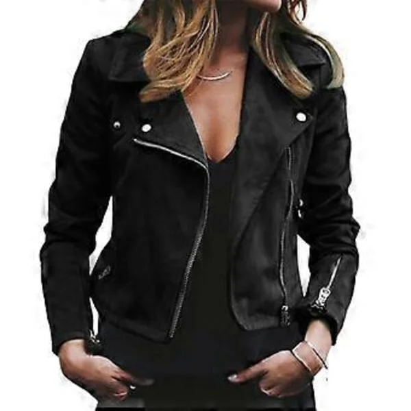Dame Lapel Plain Zip Up Biker Jakke Afklippet Suit Dame Blazer Langærmet Frakke Slim Fit Yderbeklædning (L Sort)