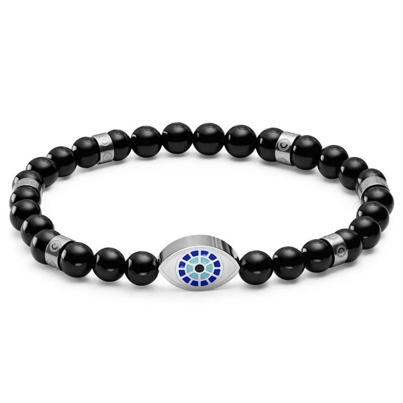 Evil Eye | Silver-tone Onyx Bead Bracelet for Men - Beaded bracelets