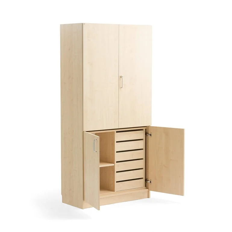 High wooden storage cabinet THEO, 1 shelf, 6 drawers, birch