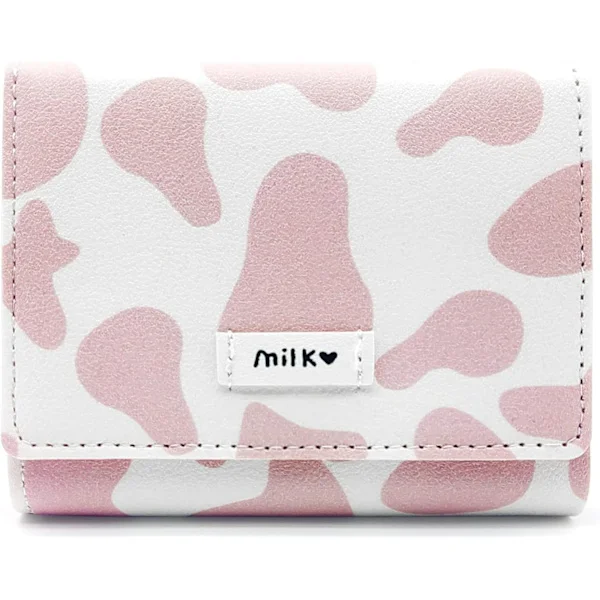 Girls Cow Pattern Wallet, Cute PU Tri-Fold Cow Pattern Purse Small Card Cartoon Cash Pocket Card Holder Handbag for Women Girls
