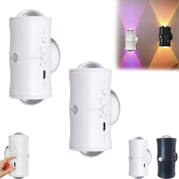 Magnetisk oppladbar fargeskiftende vegglampe, oppladbar smart LED bevegelsessensor omgivelseslys, trådløs LED vegglampe med 7 farger (hvit*2)