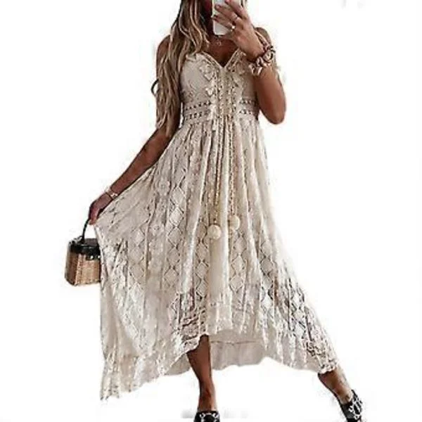 Sommar Solklänning Dam Vit Strandklänning Axelbandslös Ärmlös Lös Sexig Off Shoulder Spets Boho Polyester Maxiklänning Beige M(M Beige)