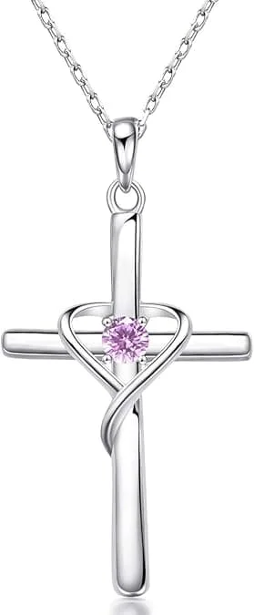 Oktober Fødselssten Kors Halskæde - 925 Sølv med 5A Cubic Zirconia Turmalin og 14K Gul/Rose Guld - Pink Safir Unisex Smykker