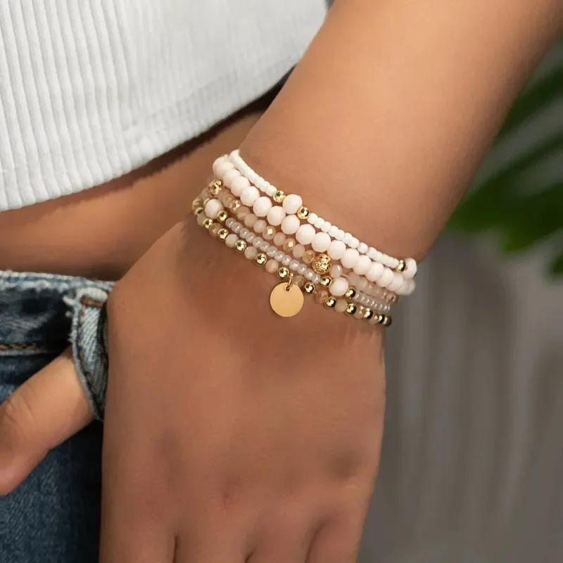 AliExpress - 5 stuks mode hars kralen armband set voor vrouwen ronde stuk charme elastische kralen ketting armband polsband vrouwelijke vakantie 