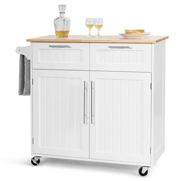 COSTWAY-keittiövaunu/pyörillä oleva vaunu - 94x45x94,5 CM - 2 laatikkoa - 2 ovea - Pyyhehylly - Keittiösaareke - Valkoinen