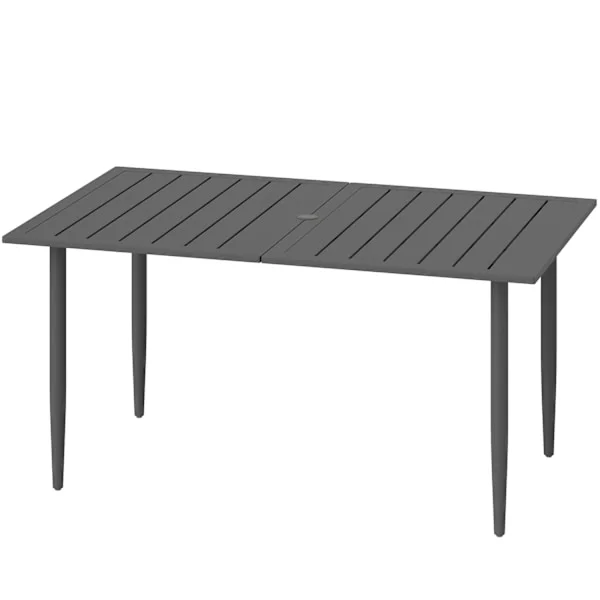 Trädgårdsbord 150x90cm, väderbeständigt balkongbord av stål, balkongbord med paraplyhål, lamelldesign, utomhuscampingbord, sidobord, rektangulärt utep