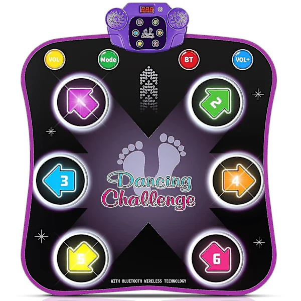 Dansematte for barn 3-10 år med Bluetooth, Musikk dansematte med 6 opplyste piler, Elektronisk dansematte