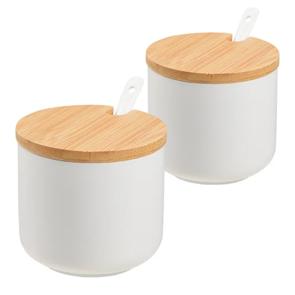 Enjoy 2 Covered White Sugar Bowls, a 10-Ounce Ceramic Sugar Bowl, a Salt Cellar with Lid and Spoon, and a Sugar Bowl with Spoon.