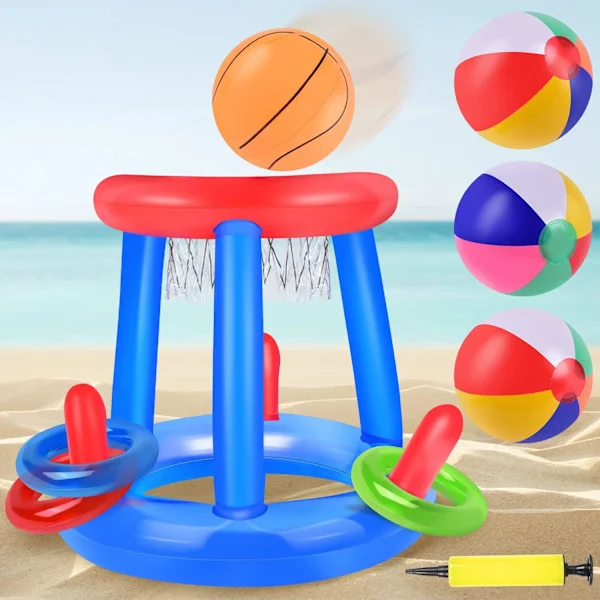 Poolleksaker, korgar och bollar i korgar och andra tillbehör, sommarleksaker och spel för vuxna