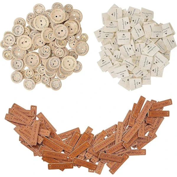 Handmade Labels with Love, Wooden Buttons, Fabric Labels and Leather Tags Set