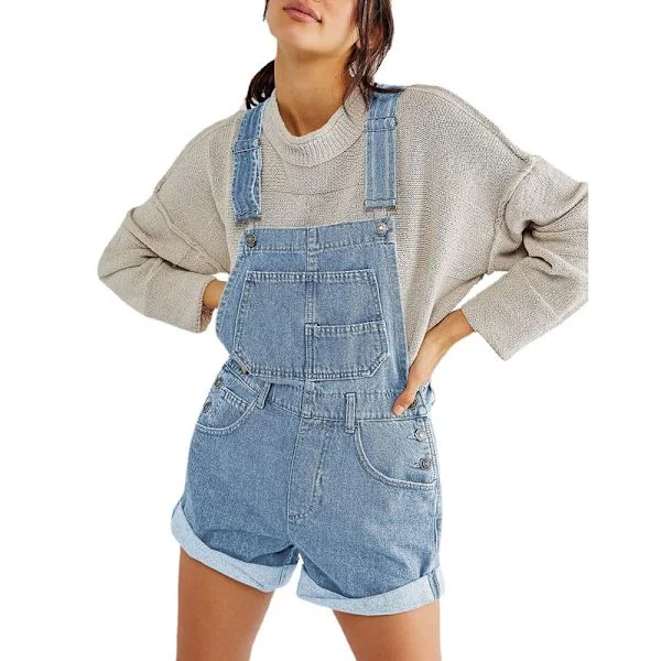 Kvinnors Casual Denim Bib Overall Shorts Shortall Rompers