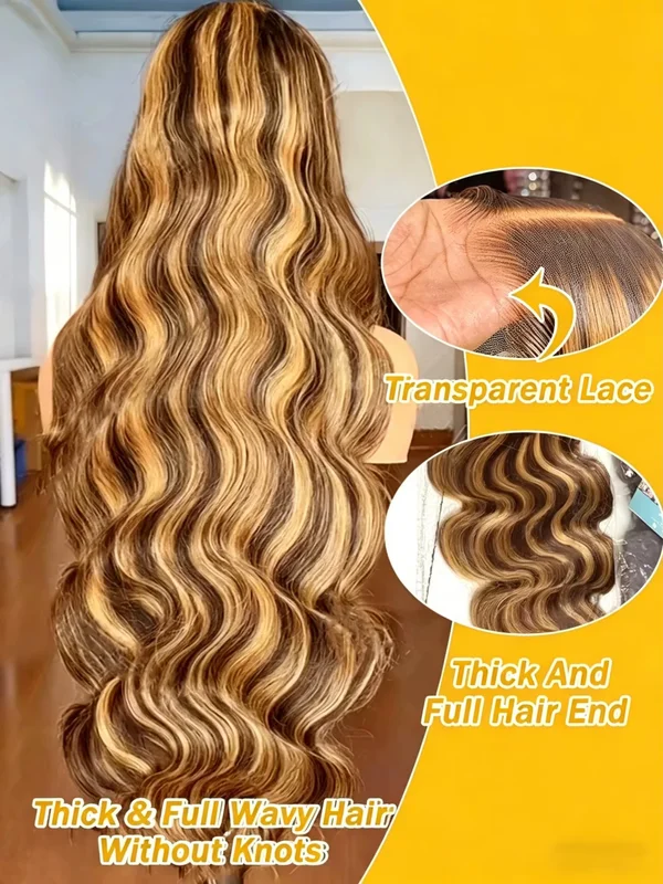 AliExpress - Sixqueen Perruques Lace Front 13x4 Ombré avec mèches, cheveux humains avec baby hair, densité 180, blond miel 4/27, ondulées, 26 pouces