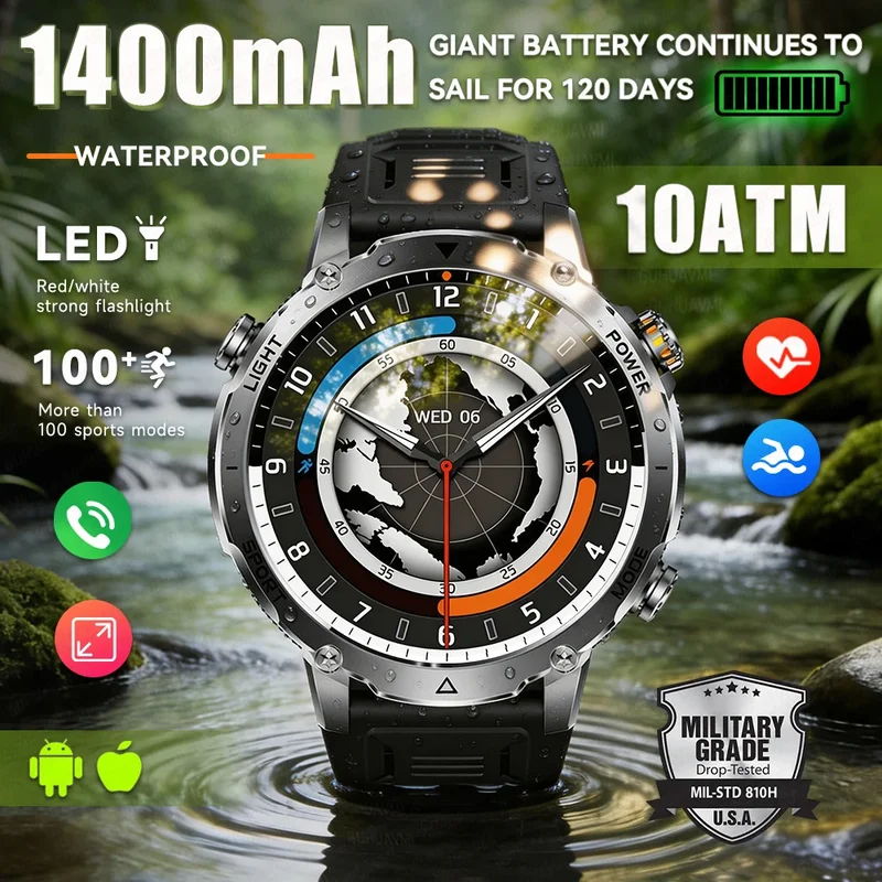 AliExpress - 2026 Neue Militär-Smartwatch für Herren 1400mAh Akku 1,7-Zoll AMOLED Sport GPS-Tracking Bluetooth-Anruffunktion Smartwatch für Android 