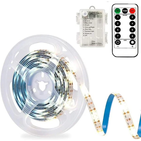 3m Batteri LED Strip Lys med Fjernbetjening, 90 LED Lys Strip Vandtæt, 8 Modes, Dæmpbar, Kan Klippes (Kold Hvid)