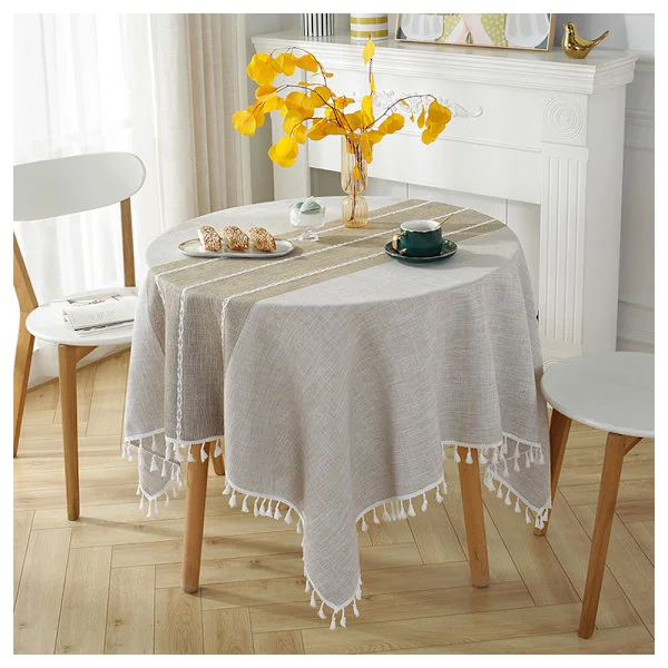 Rundt Bordduk 120cm Khaki Vaskbar Lin og Bomull Bordduk Flekkbestandig med Dusker, Stripe Broderi For Bursdag, Bryllup, Kaffebord