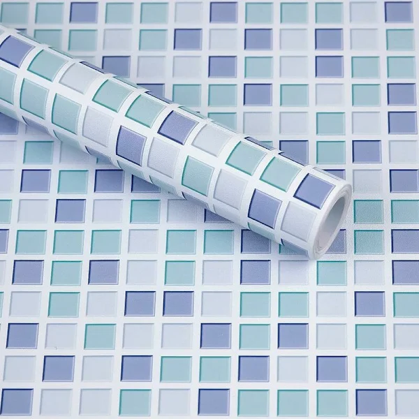 Blue Self-Adhesive Tile Wallpaper 61 x 300 cm Mosaic Style Wall Decals Waterproof Decorative Film for Bath and Kitchen Wall Tiles
