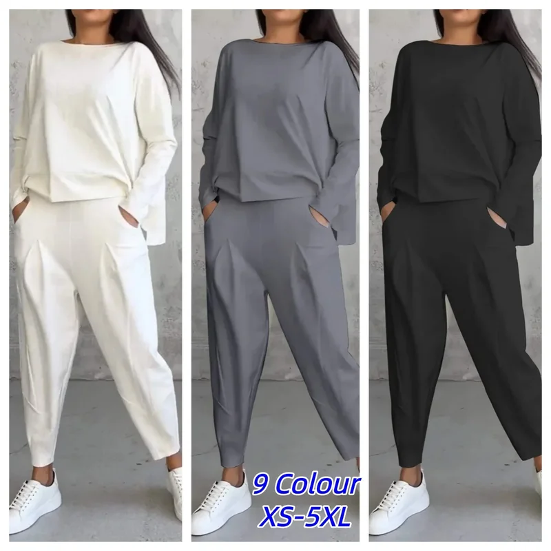AliExpress - Trainingsanzüge für Damen, Hosenanzug, O-Ausschnitt, langärmlig, lockeres T-Shirt, einfarbige Hose, Tasche, schlichtes 2-teiliges Set, 