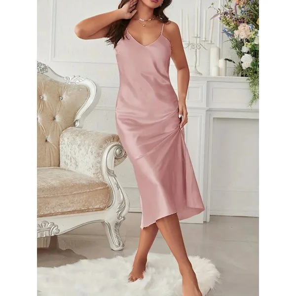 Ensfarvet Satin Slip Natkjole, Elegant V-hals Rygløs Spaghetti Strop Natkjole, Dame Nattøj & Kjoler Pink