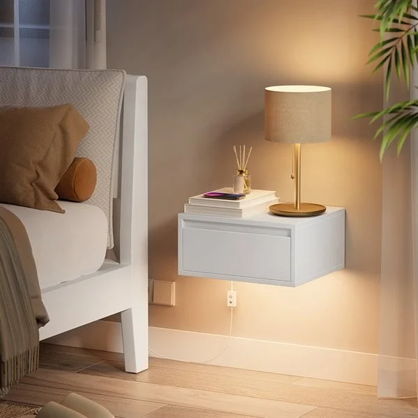 Veggmontert nattbord 35 x 40 x 18 cm med LED-belysning og skuff