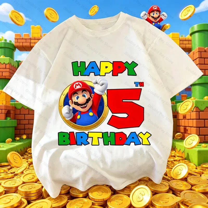 AliExpress - T-shirt d'anniversaire Super Mario pour garçons et filles de 3 à 8 ans, vêtements de fête, chemises en coton, vêtements pour baby shower