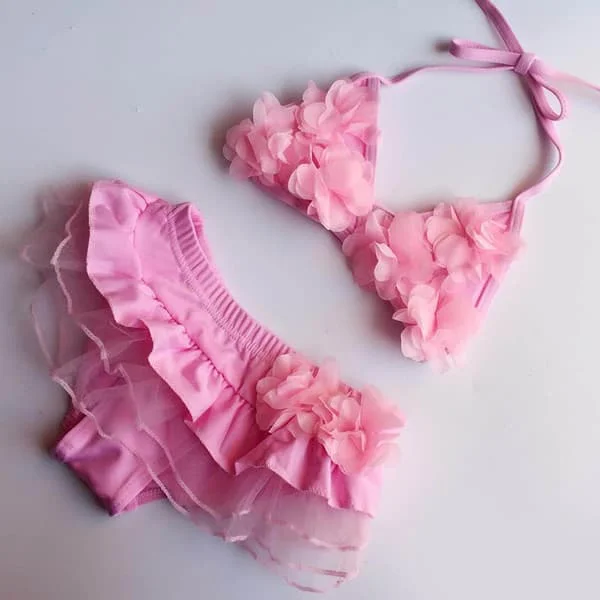 Kids Swimwear Toddler Girls Swimsuit 2 Pieces Baby Bikini Flowers Summer Beachwear Pink M 12.5-20kg 0.1